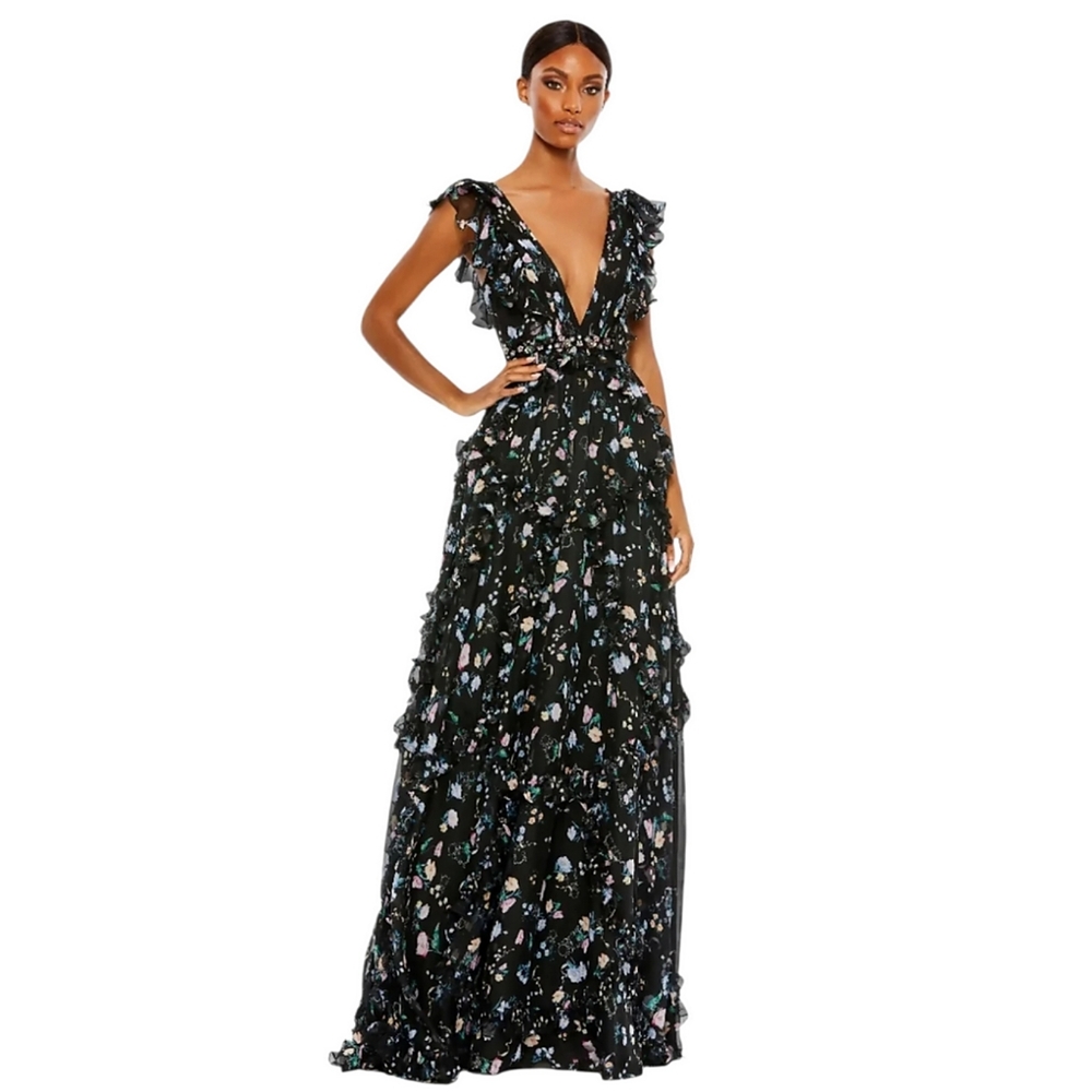 MAC DUGGAL size 6 RUFFLED FLORAL PRINT CAP SLEEVE GOWN Dress